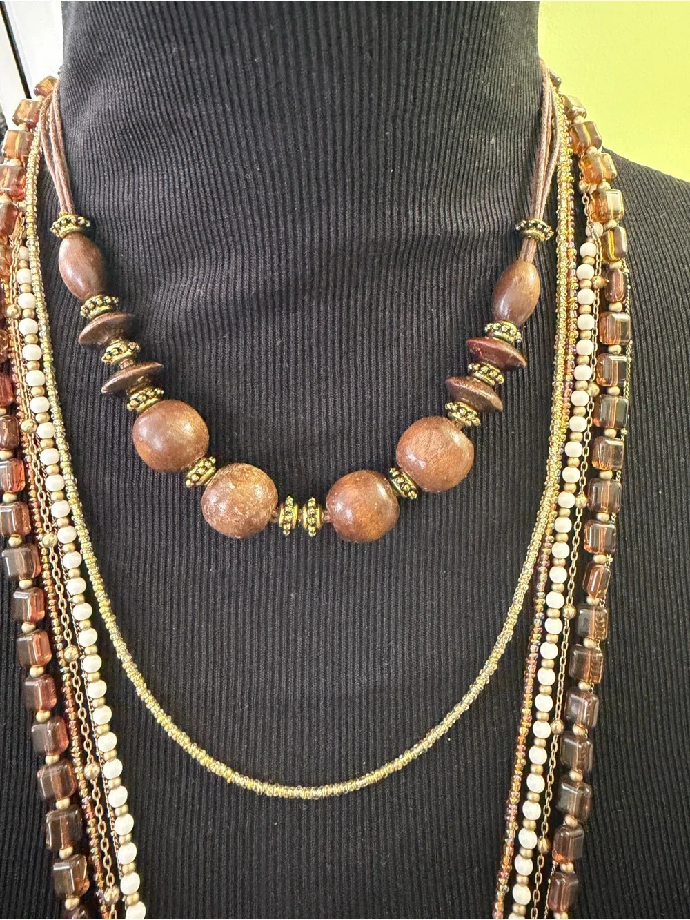 3 Piece Stacked Beaded Necklaces Designer Glass Wood